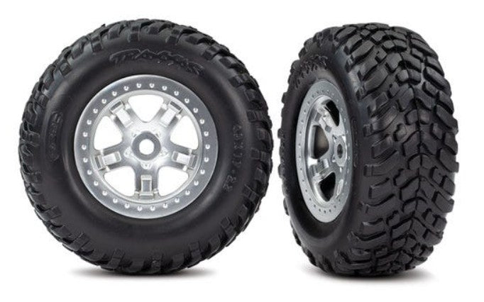 Traxxas SCT Tires & Wheels w/Satin Chrome Beadlock Fits Nitro Slayer Front or Rear