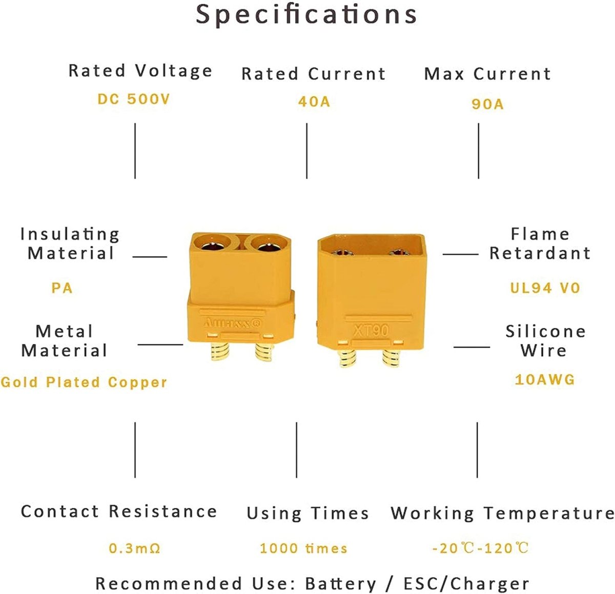 AMASS XT90 Male / Female Gold Plated RC Connector with Cap 120A - BOBBYRC