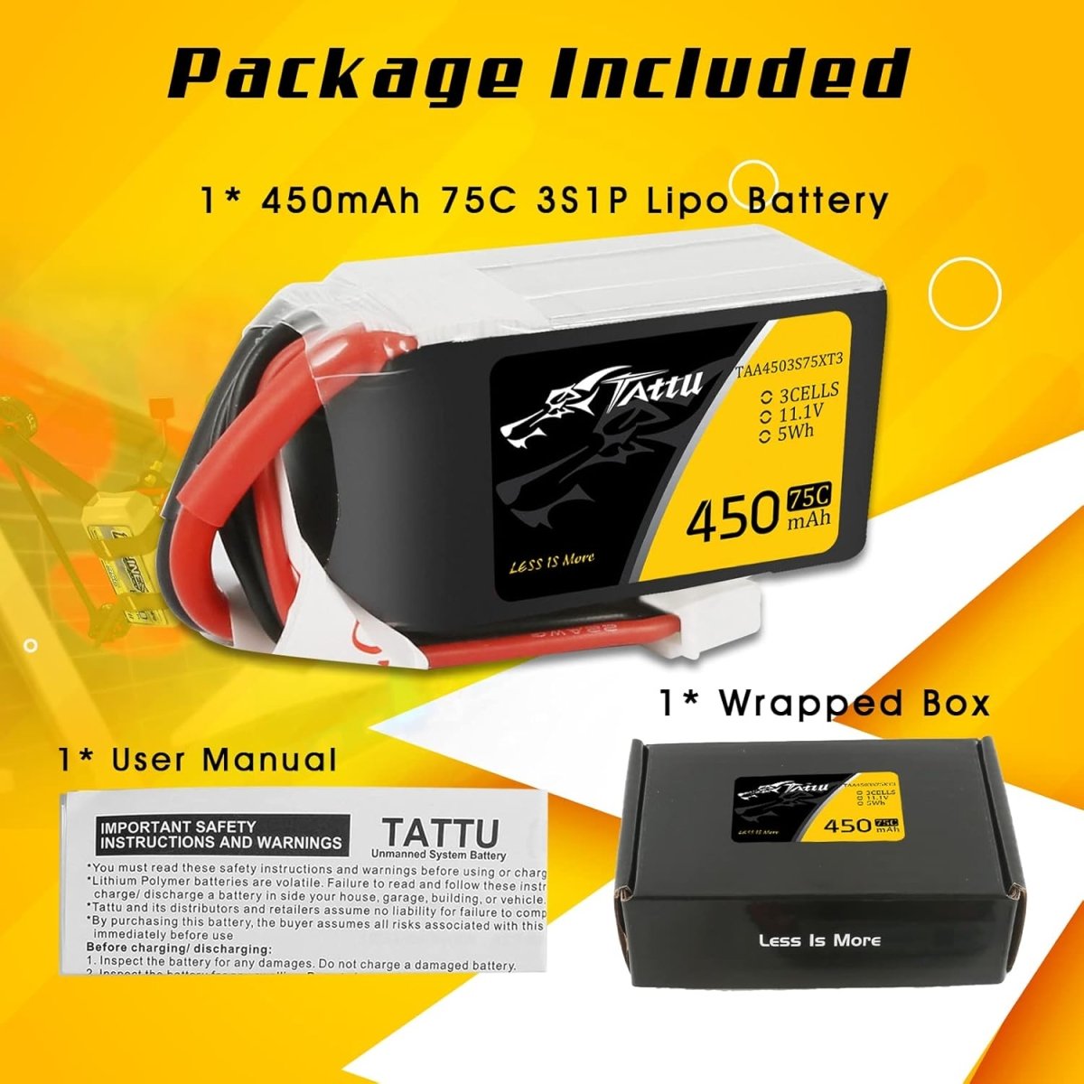 Tattu 3s LiPo Battery 75C (11.1V/450mAh) w/XT - 30 Connector - BOBBYRC