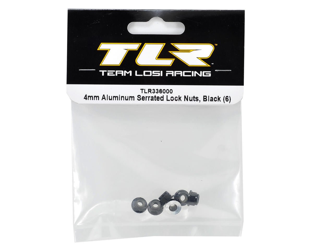 Team Losi Racing 4mm Aluminum Serrated Locknut Set (6) (Black) - BOBBYRC