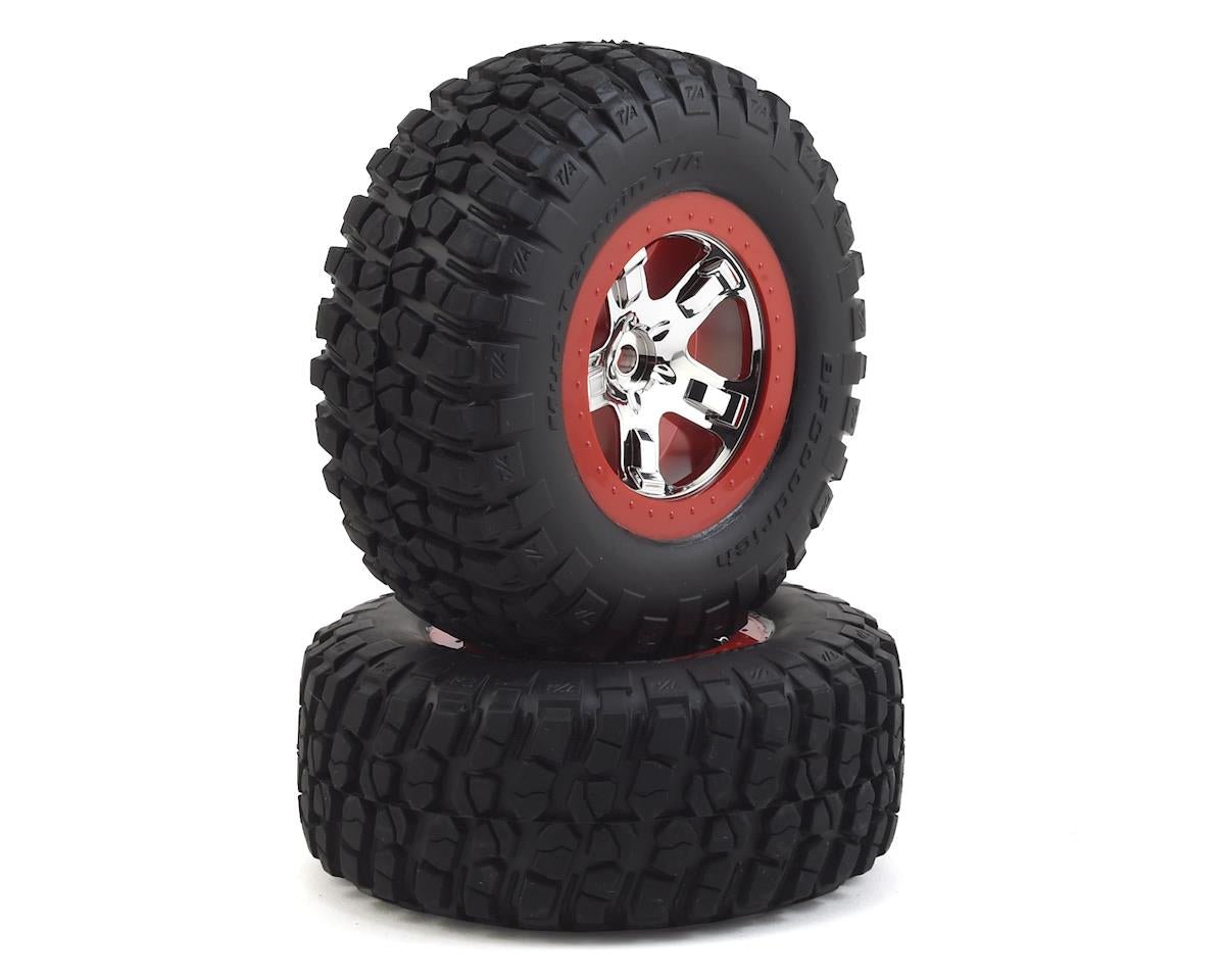Traxxas Pre-Mounted BFGoodrich KM2 Tire w/Chrome Wheel (2) (Front) (Chrome/Red) - BOBBYRC