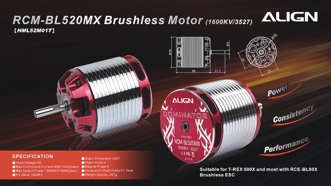 Align Trex 500XT 500X 500L PRO 6s 520MX Brushless Motor(1600KV/3527) HML52M01 - BOBBYRC