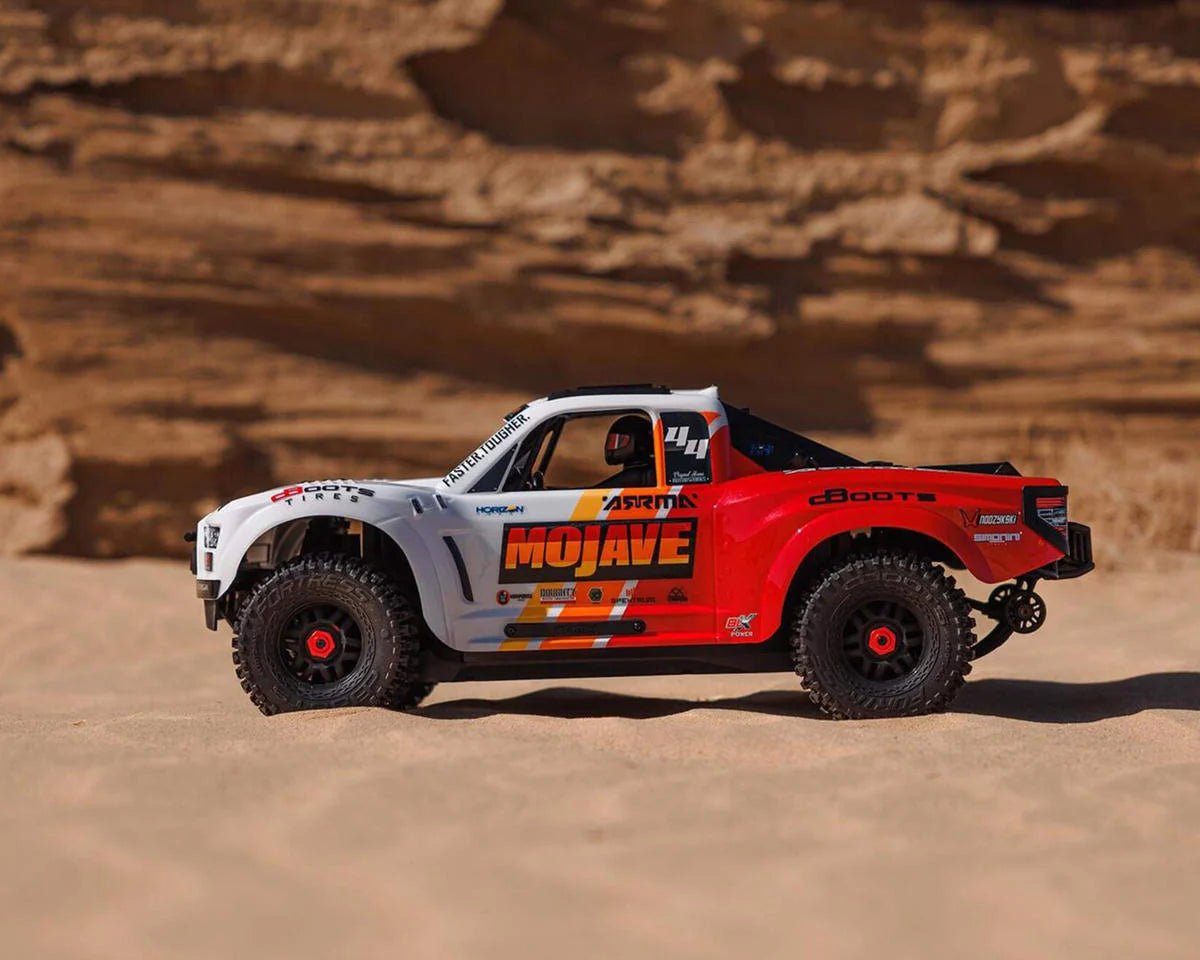 Arrma Mojave 4S BLX Brushless 1/8 4WD RTR Electric Desert Truck (White/Red) w/Spektrum SLT3 2.4GHz Radio - BOBBYRC