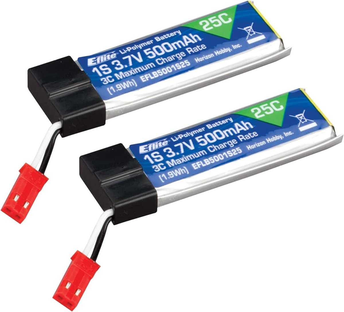 E - flite ( 2 Pack) 1S 25C LiPo Battery Pack (3.7V/500mAh) w/JST Connector - BOBBYRC