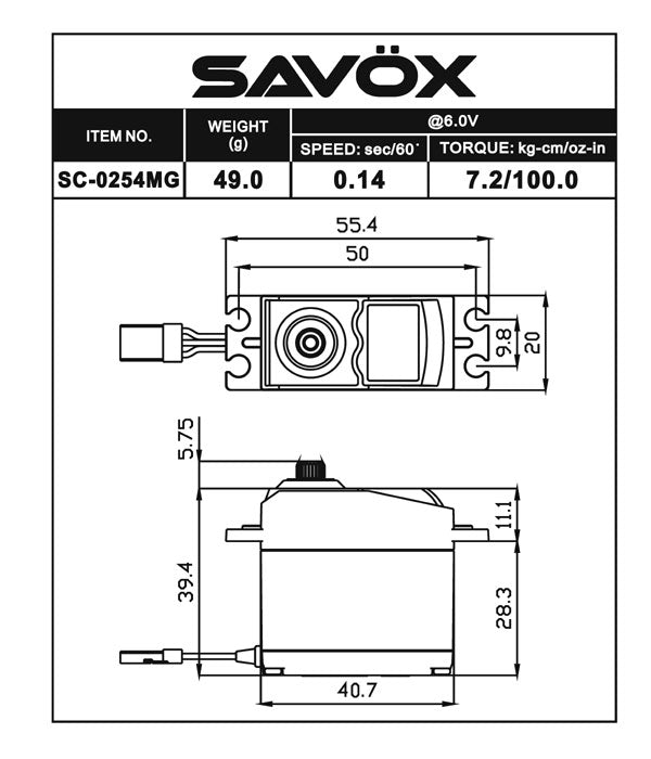 Savox SC0254MGP Standard Digital Servo with Soft Start, 0.14sec / 100oz @ 6V - BOBBYRC