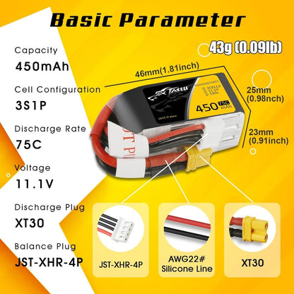 Tattu 3s LiPo Battery 75C (11.1V/450mAh) w/XT - 30 Connector - BOBBYRC