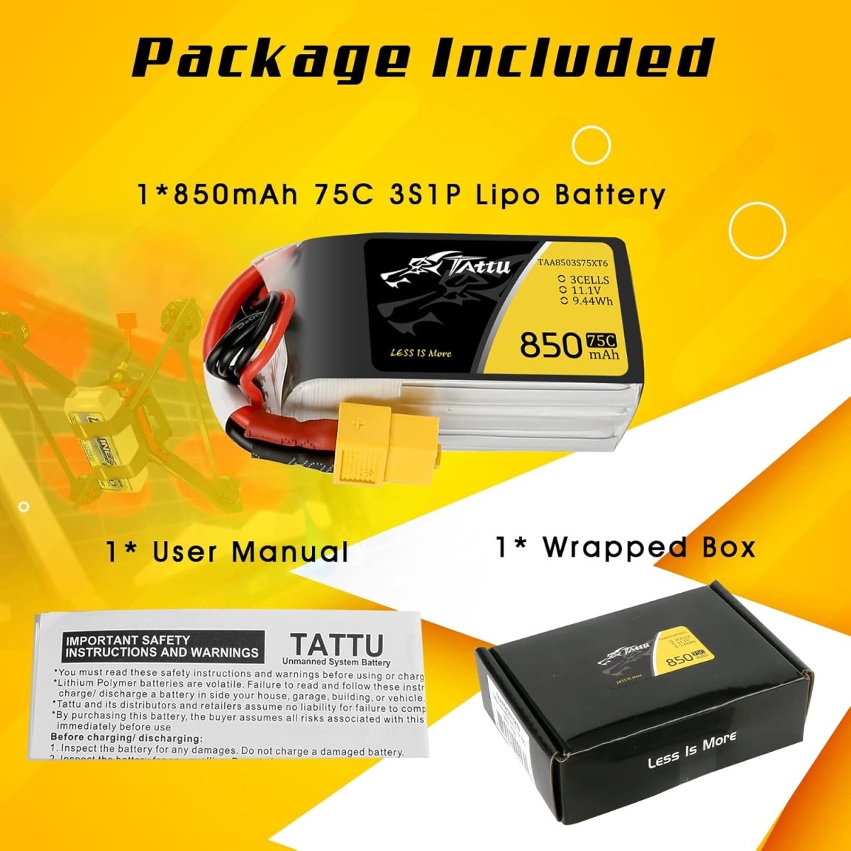 Tattu 3S LiPo Battery 75C (11.1V/850mAh) w/XT - 60 Connector - BOBBYRC