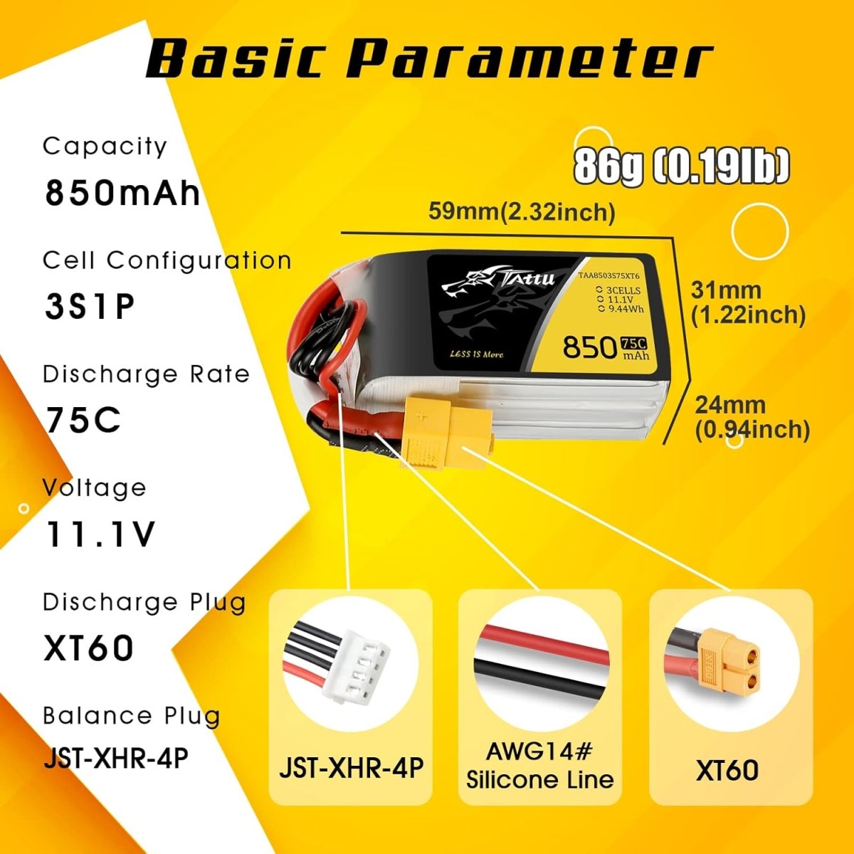 Tattu 3S LiPo Battery 75C (11.1V/850mAh) w/XT - 60 Connector - BOBBYRC