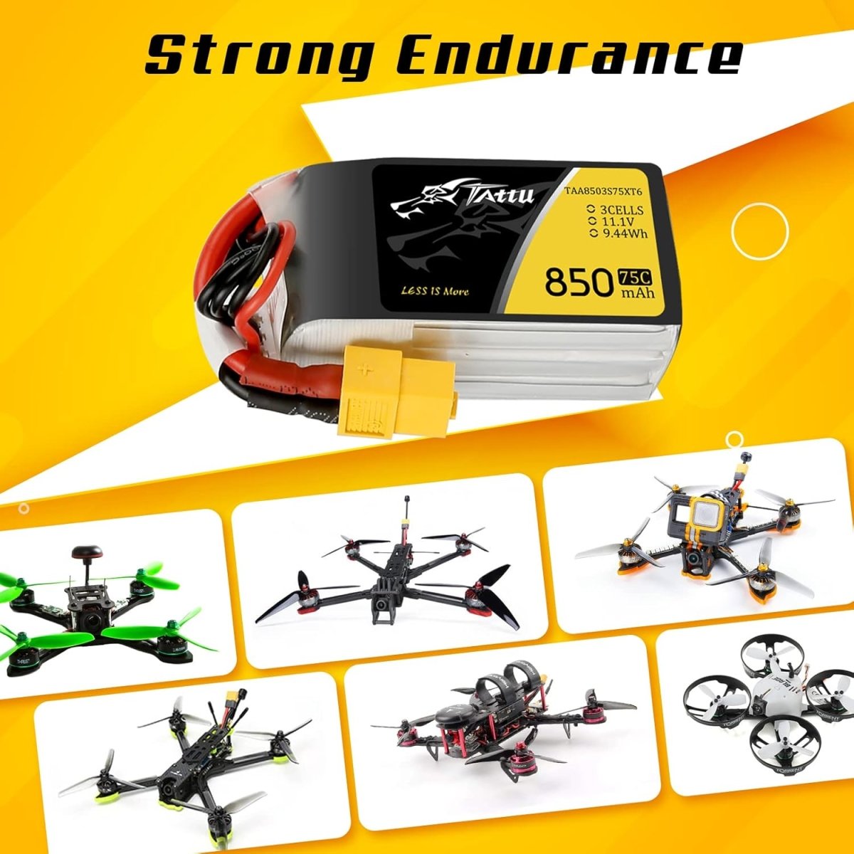 Tattu 3S LiPo Battery 75C (11.1V/850mAh) w/XT - 60 Connector - BOBBYRC