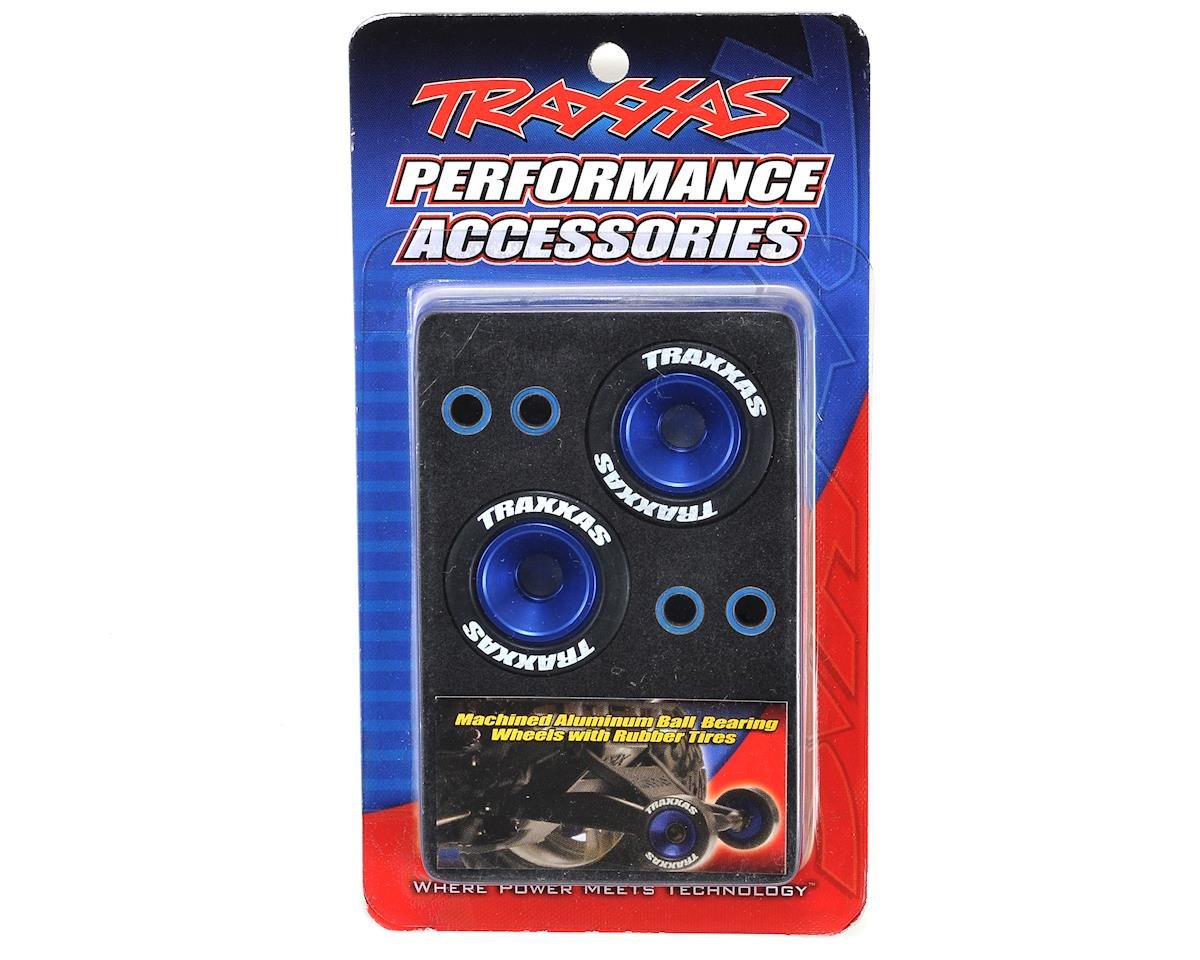 Traxxas Aluminum Wheelie Bar Wheel Set w/Rubber Tires (Blue) (2) - BOBBYRC