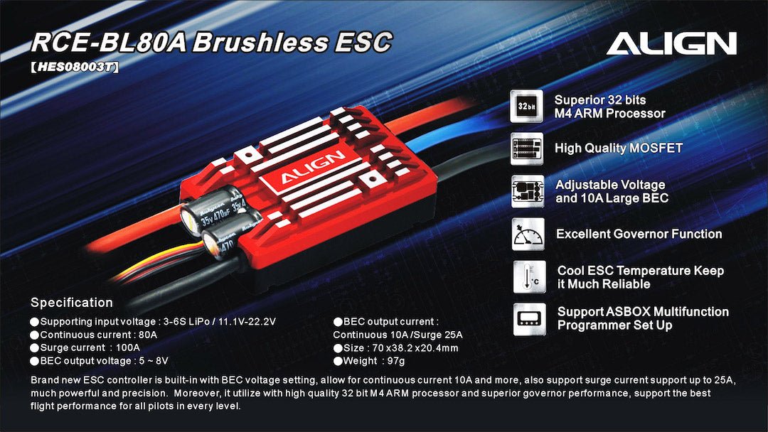Align Trex 500XT 500L 500X 500PRO DFC RCE - BL80A Brushless ESC HES08003 - BOBBYRC