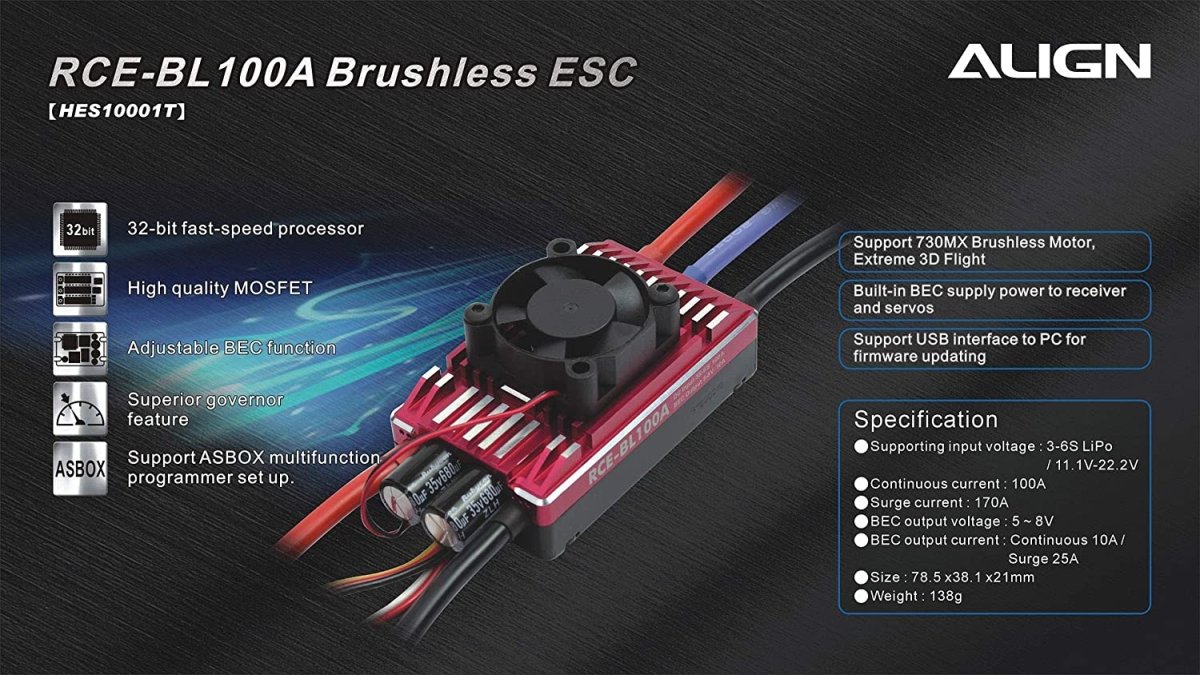 Align Trex 550X 550L RCE - BL100A 100A Brushless ESC Speed Control HES10001 - BOBBYRC