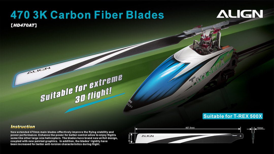 Align/T - Rex Helicopters 500X (ONLY) Mikado 480 Xtreme 470mm Carbon Fiber Blades - BOBBYRC