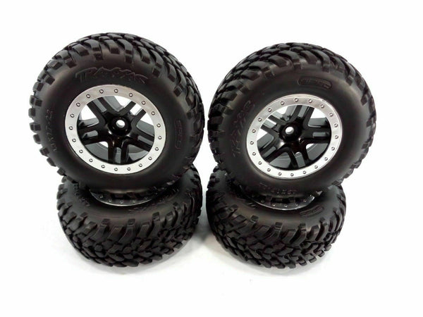 Traxxas Slash 2wd Spec tires & 12mm wheels, Silver ring with black split spoke center